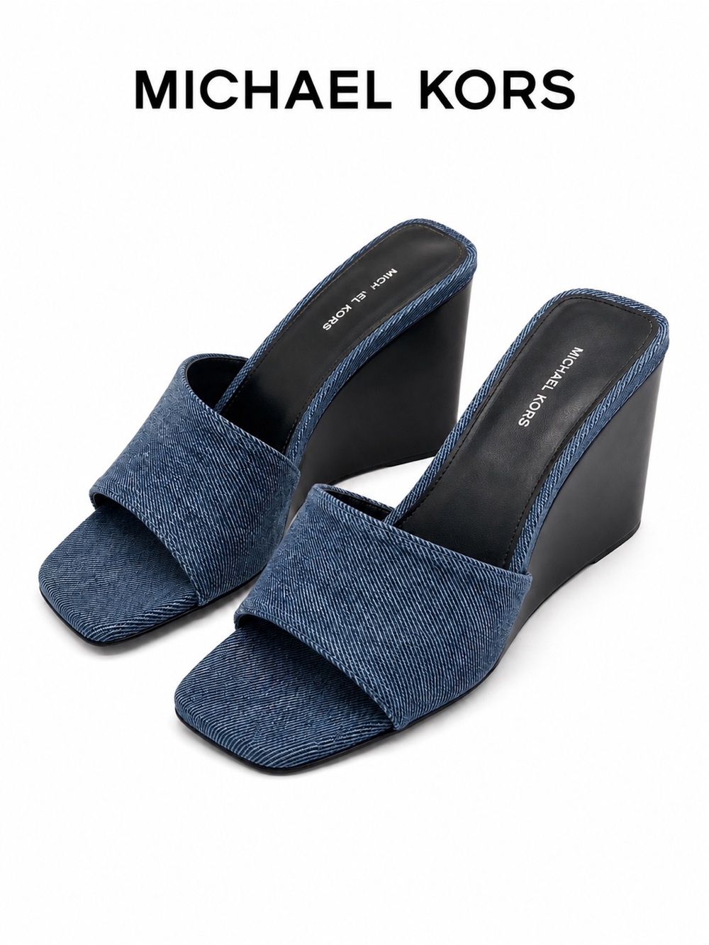 Michael Kors Denim Blue Wedge Mule Sandals Square Toe Size 6.5M NWOT